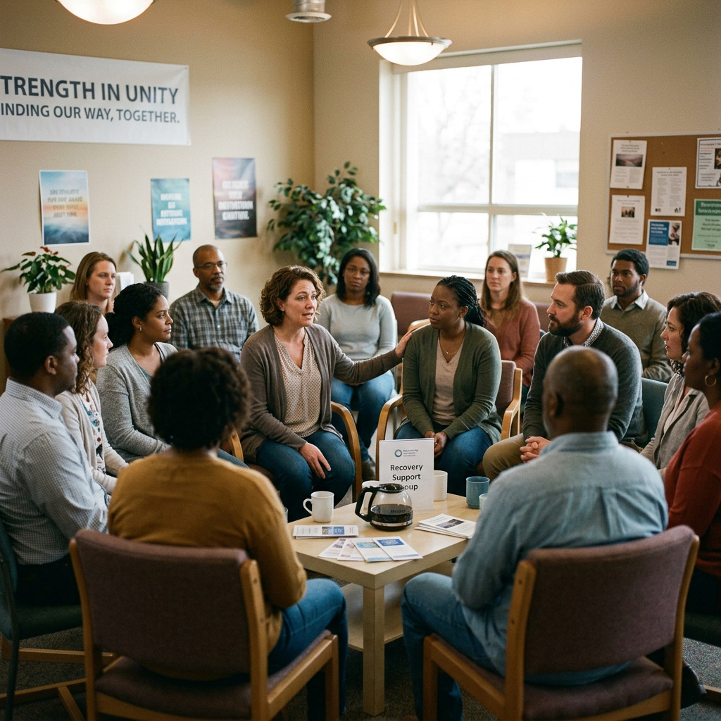 People sitting in a circle in a recovery support group session