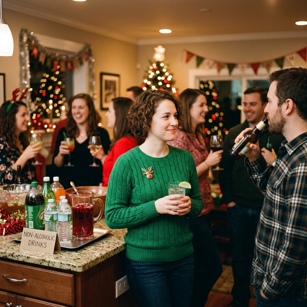 Group of adults socializing at a holiday party with drinks and Christmas decorations