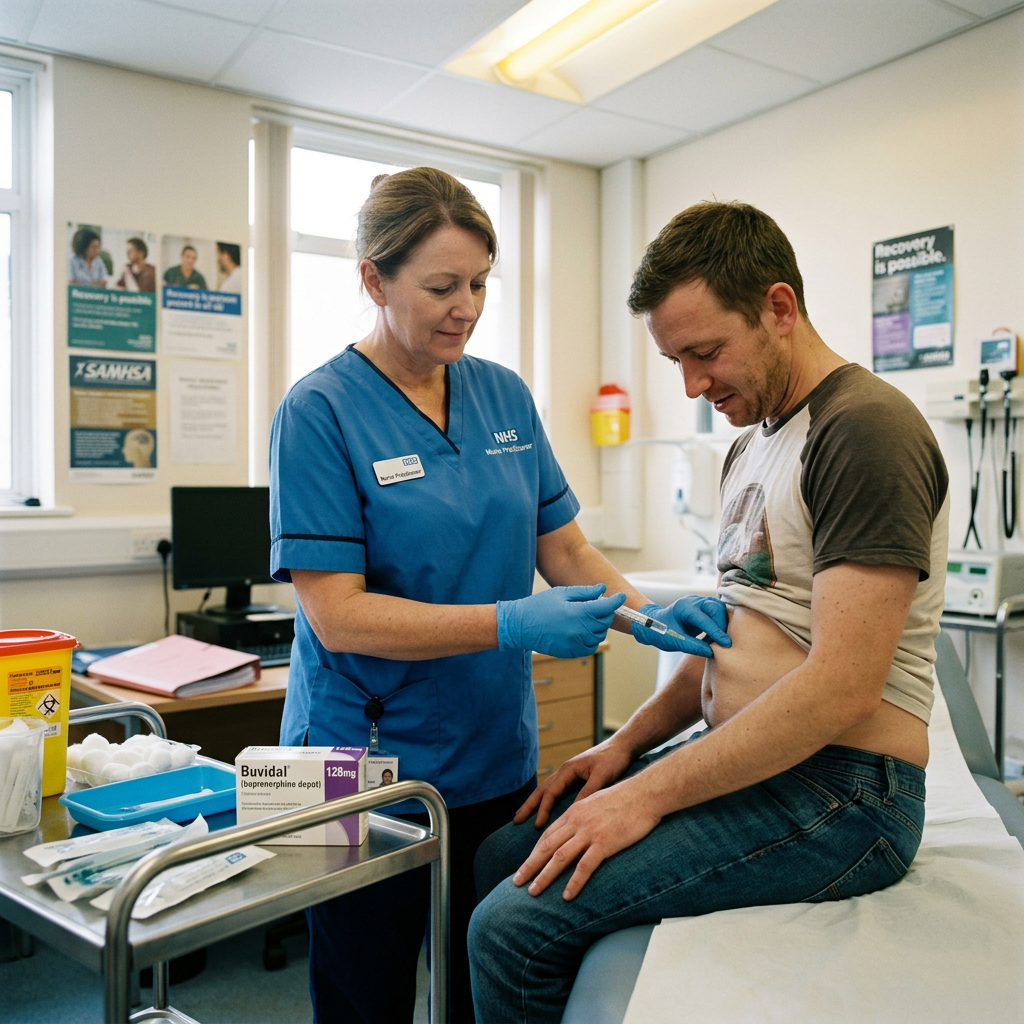 Nurse in blue uniform giving injection to man's abdomen in clinic room What is Buvidal?