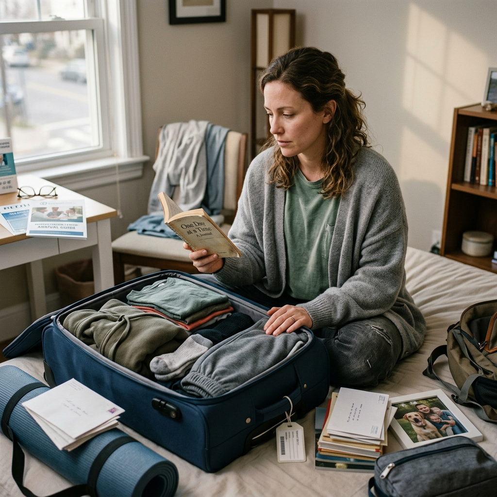 Woman reading a book titled 'One Day at a Time' while packing a suitcase with folded clothes