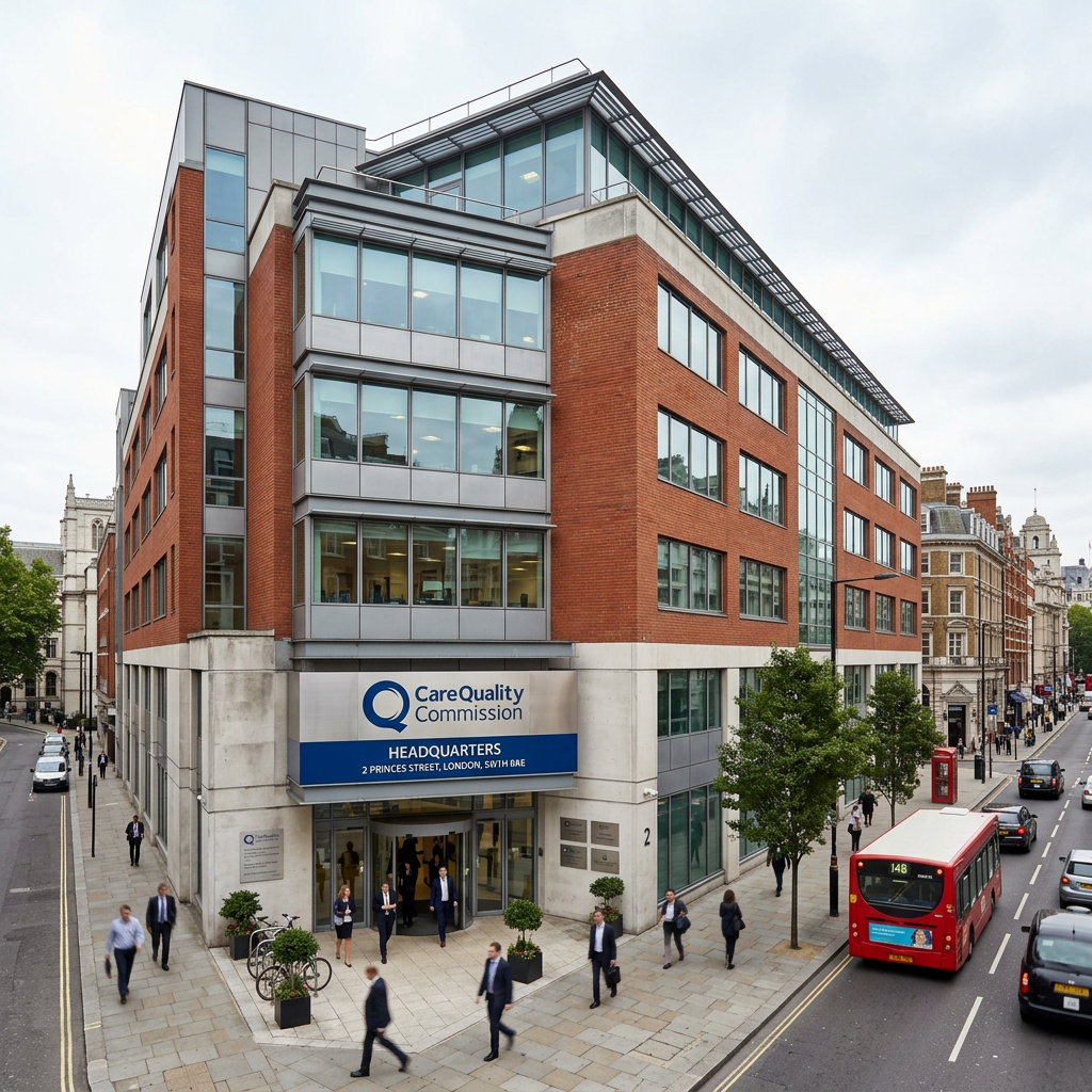 Care Quality Commission headquarters building at 2 Princes Street, London with pedestrians and a red bus Don't use unregistered centres: check