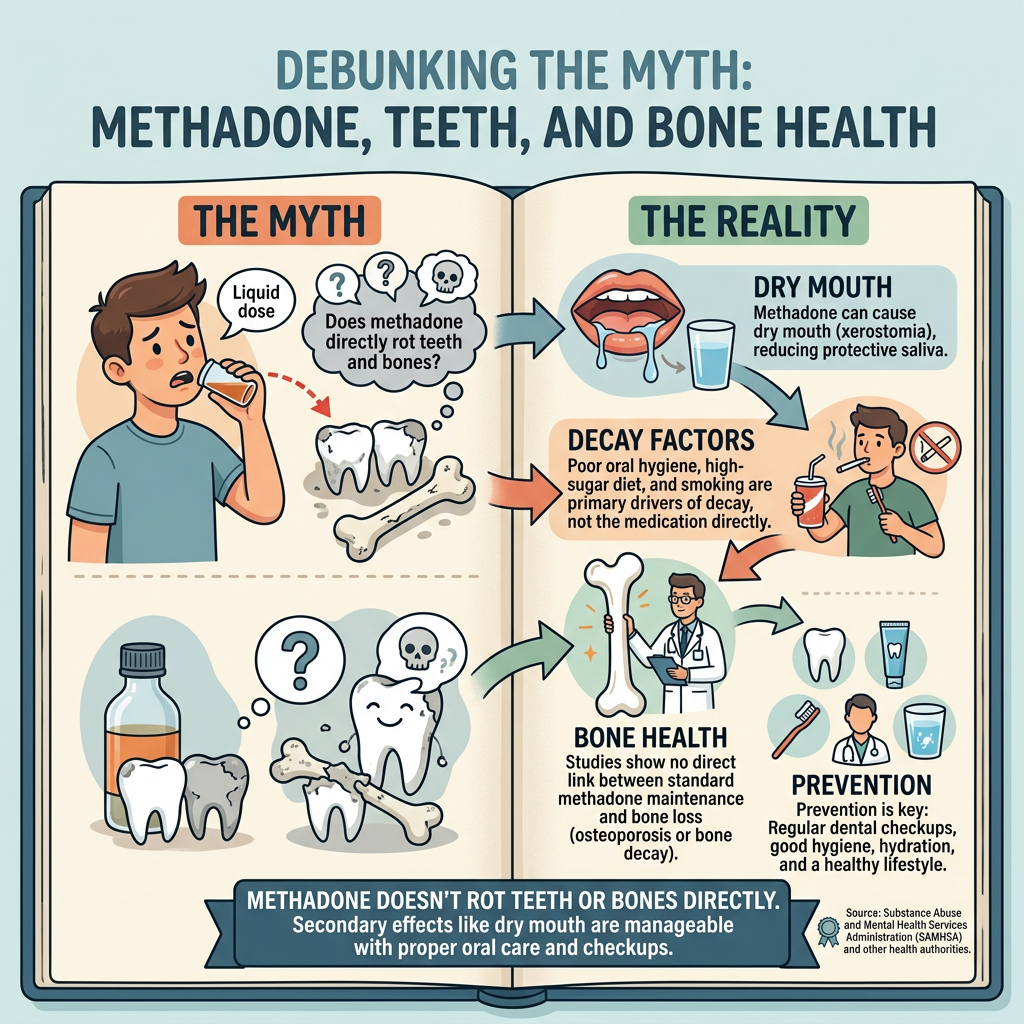 Infographic comparing myth and reality about methadone, teeth decay, bone health, and prevention tips
