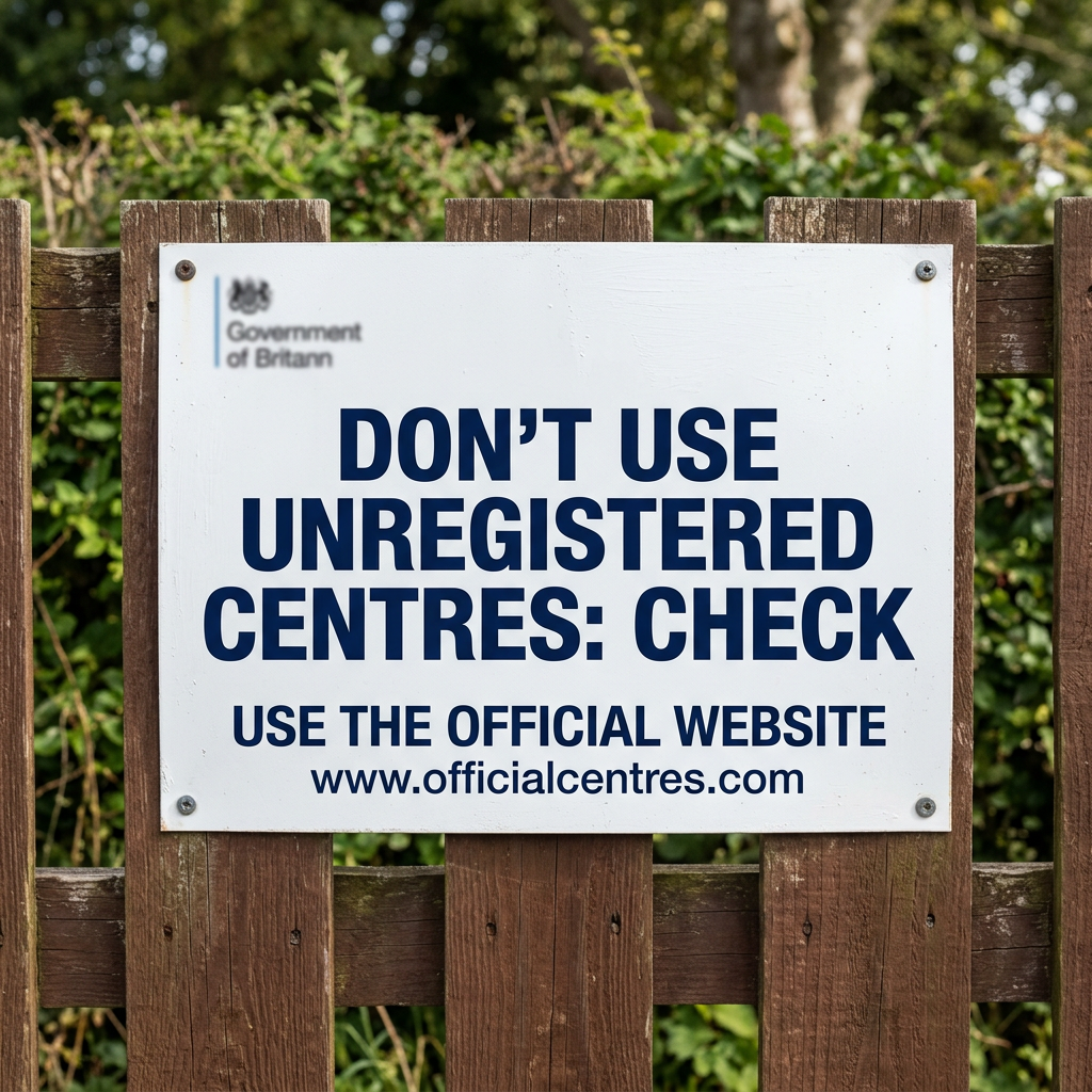 Sign warning not to use unregistered centres and to check official website www.officialcentres.com