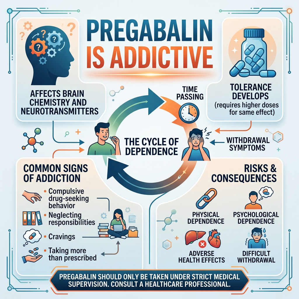 Infographic explaining pregabalin addiction with brain chemistry, tolerance, withdrawal symptoms, signs, and risks