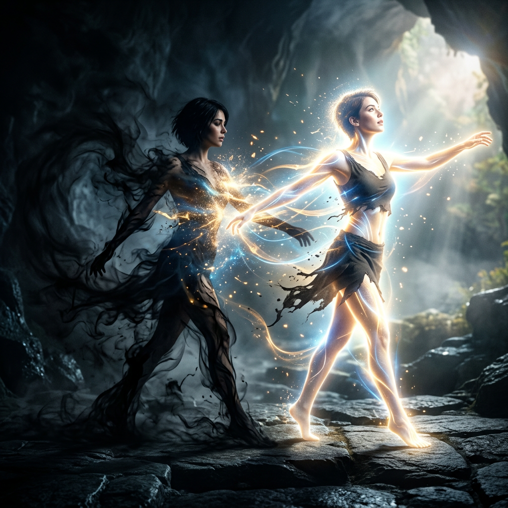 Two female figures in a cave; one glowing and radiant, the other dark and smoky, connected by swirling light and shadow