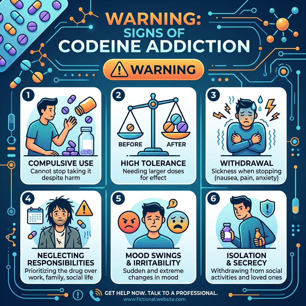 Signs of codeine addiction including compulsive use, high tolerance, withdrawal, neglecting responsibilities, mood swings, and isolation