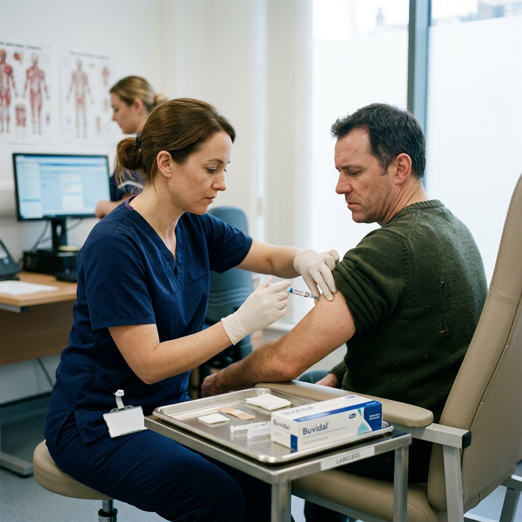 Nurse in blue scrubs injecting vaccine into man's upper arm in clinic
