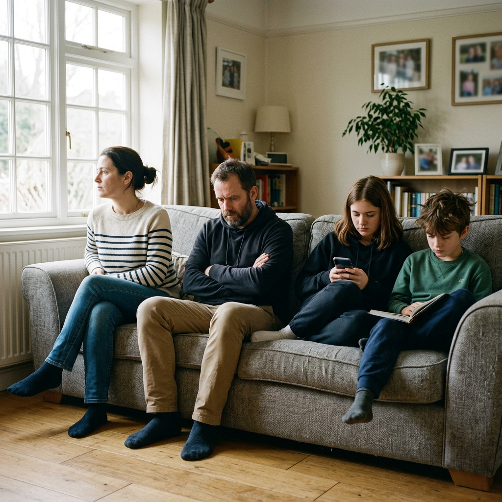 Four family members sitting on a sofa looking away from each other, showing emotional distance Rebuilding Trust After Addiction
