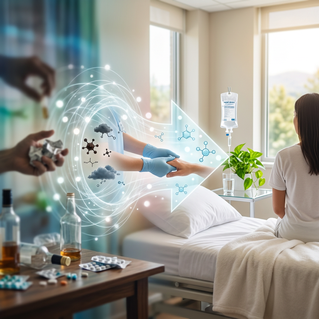 Patient sitting on hospital bed receiving support and care symbolized by a glowing arrow and hands