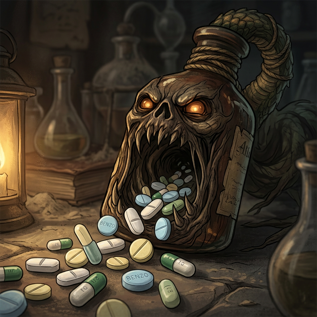 Skull-shaped bottle with glowing eyes releasing assorted pills labeled BENZO and others
