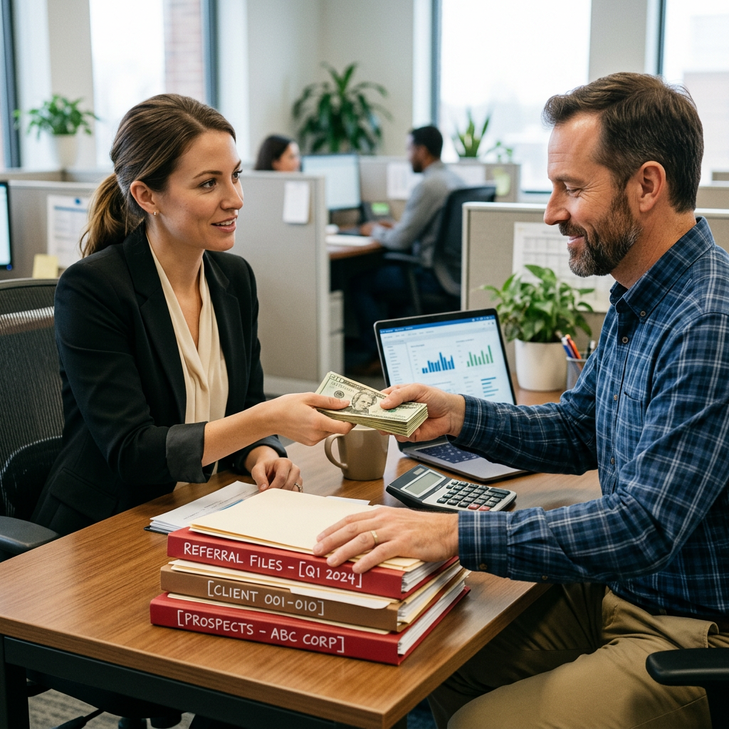 A woman handing cash to a man at an office desk with files and a laptop displaying charts referral agents are there to sell