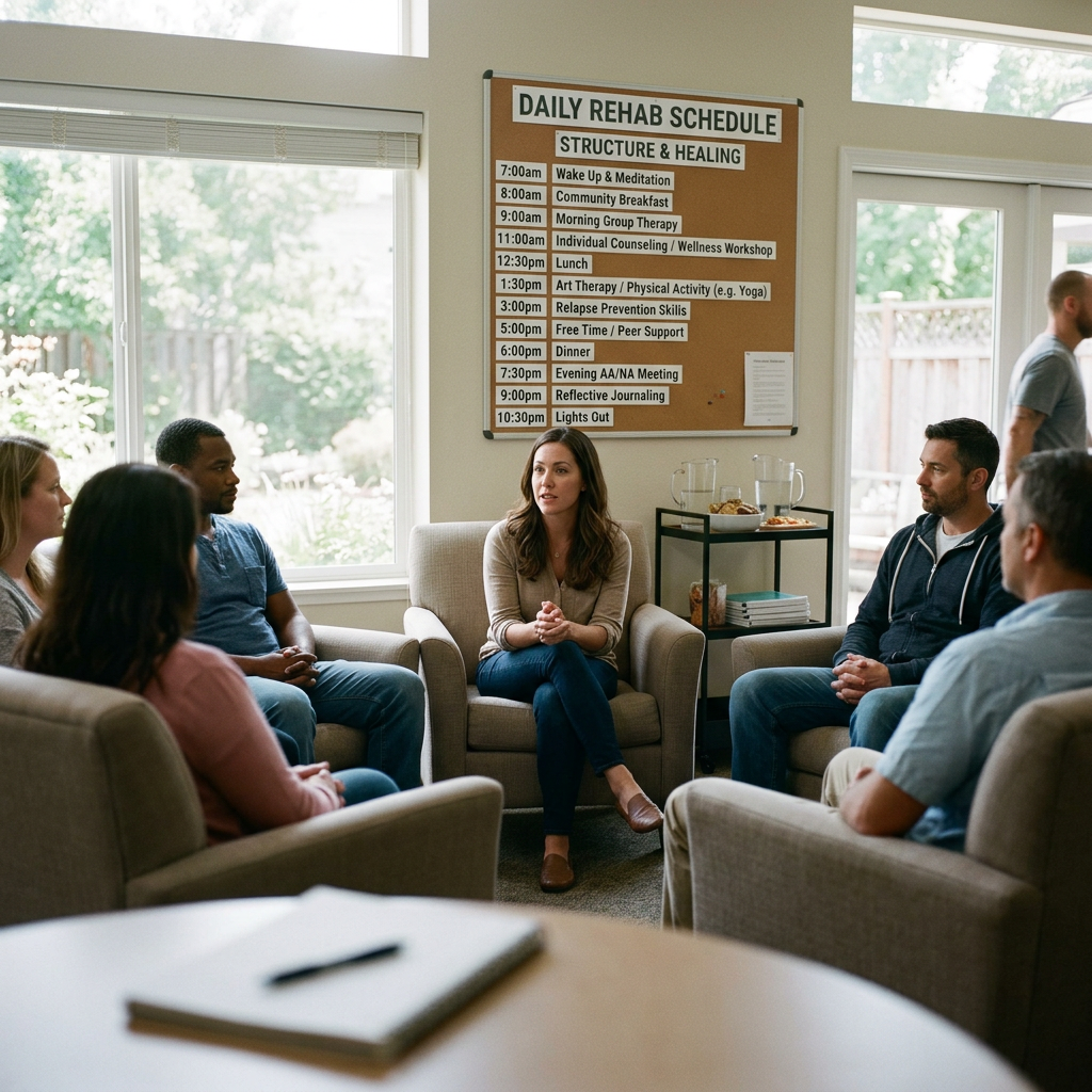 Six people seated in a circle participating in group therapy in a rehab center Will rehab work for me?