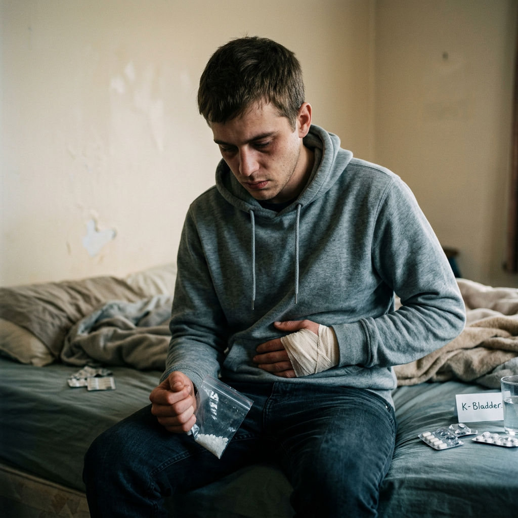 Young man sitting on a bed holding a bag of white pills and clutching his stomach with a bandaged hand Managing addiction cravings