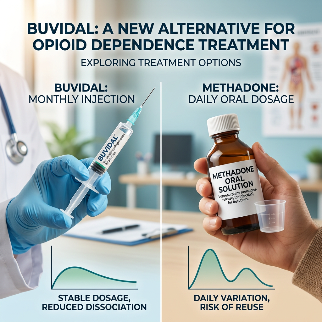 Buvidal monthly injection syringe held by a gloved hand and Methadone oral solution bottle held in a hand with a dosing cup and comparison graphs
