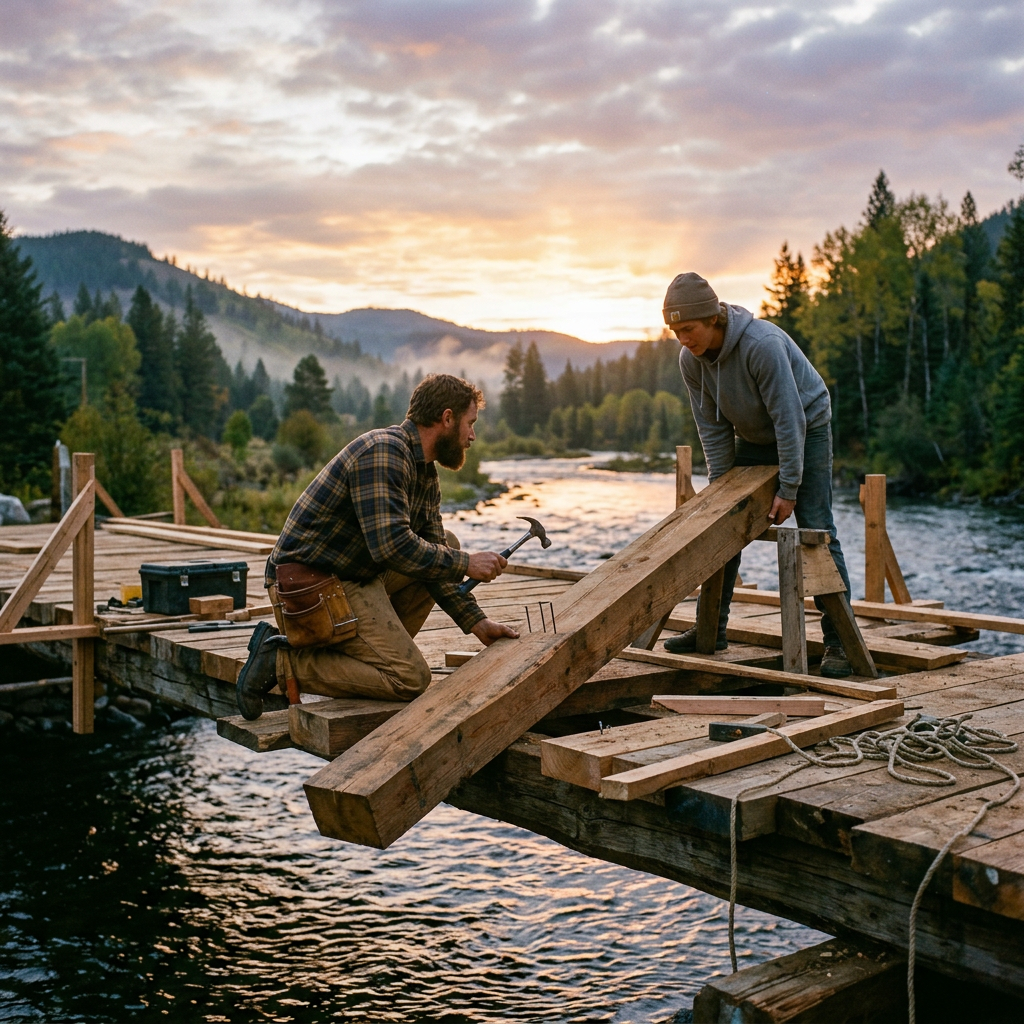 Two men working on building a wooden bridge over a river at sunset