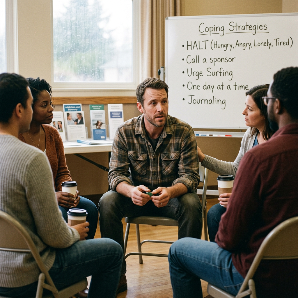 Group therapy session with five people discussing coping strategies including HALT, calling a sponsor, urge surfing, one day at a time, and journaling What is a rehab centre?
