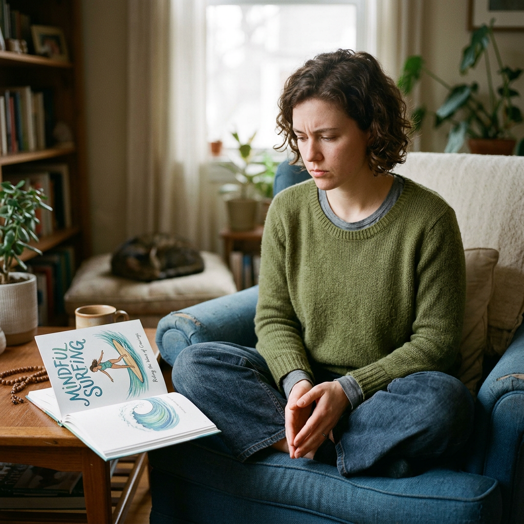 Woman sitting cross-legged in a blue chair, reading a book titled Mindful Surfing  How much does addiction treatment cost