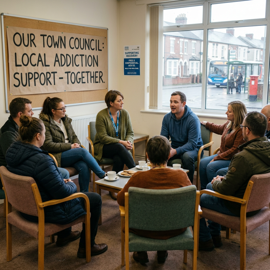 Eight people in a circle talking in a room with a sign about local addiction support on the wall