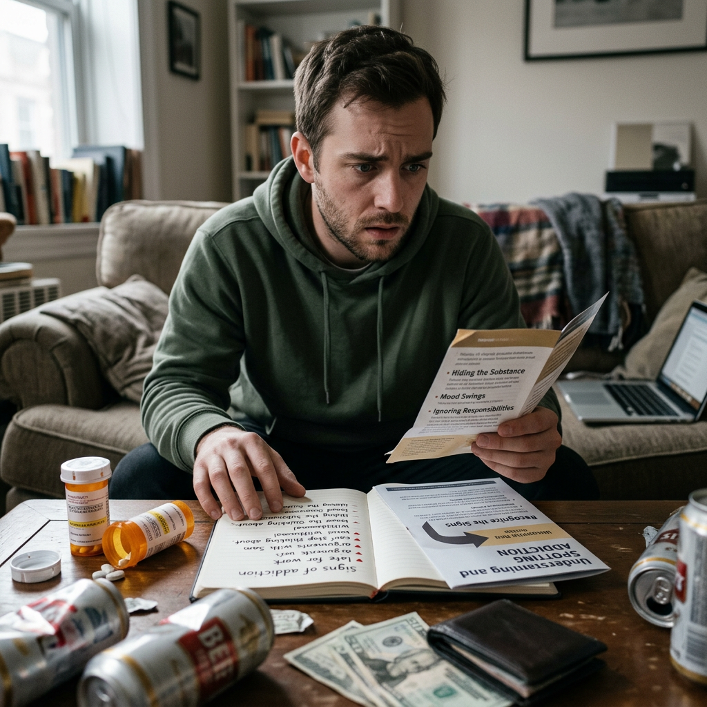 Man reading addiction information pamphlet with prescription bottles and beer cans on table Tips for starting addiction recovery