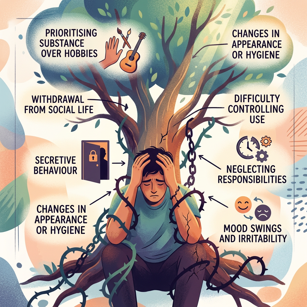 Person distressed under tree with signs of substance abuse like mood swings, neglect, and social withdrawal