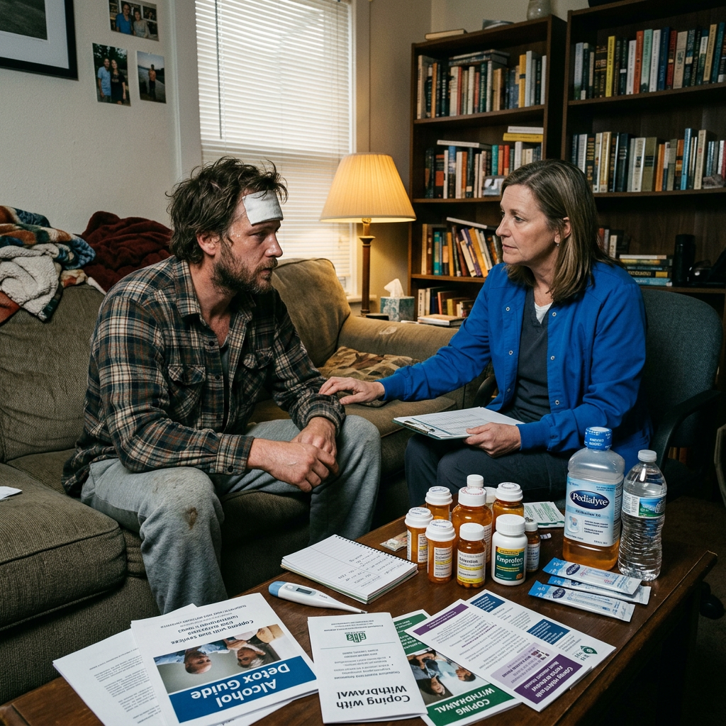 Healthcare worker consulting an injured man at home with medications on table Drug and alcohol addiction lincolnshire