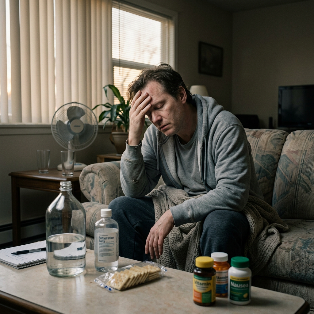 Man on couch appearing sick with hand on forehead surrounded by medicine bottles and crackers