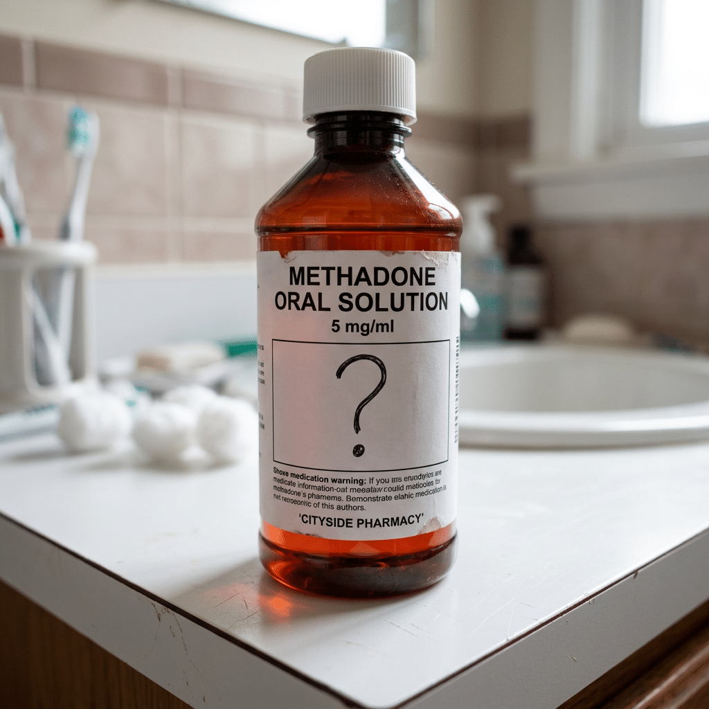 Brown bottle labeled Methadone oral solution 5 mg/ml with a question mark on the label Can you detox from methadone at home?