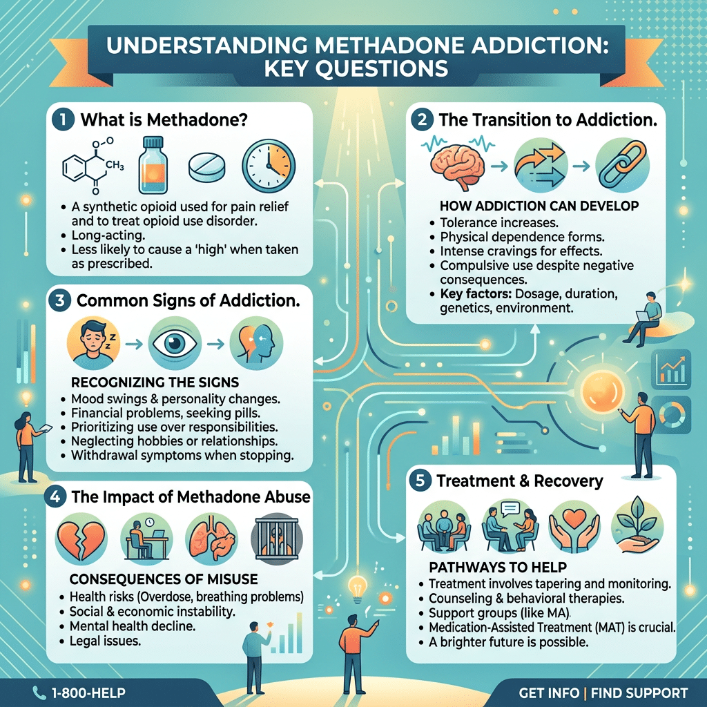 Infographic outlining methadone addiction including definition, transition, signs, impact, and treatment pathways.