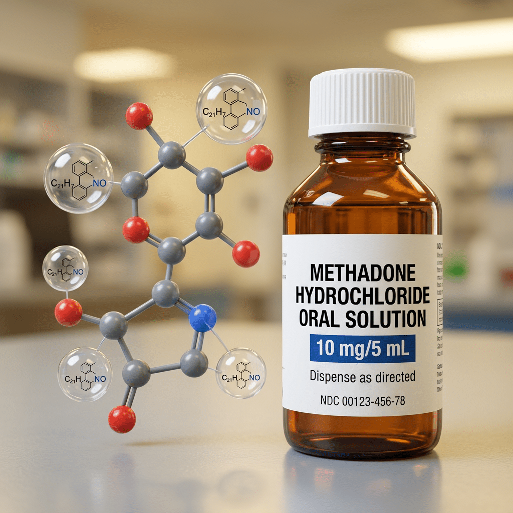 Bottle labeled Methadone Hydrochloride Oral Solution 10 mg per 5 mL with molecular structure model Is methadone addictive?