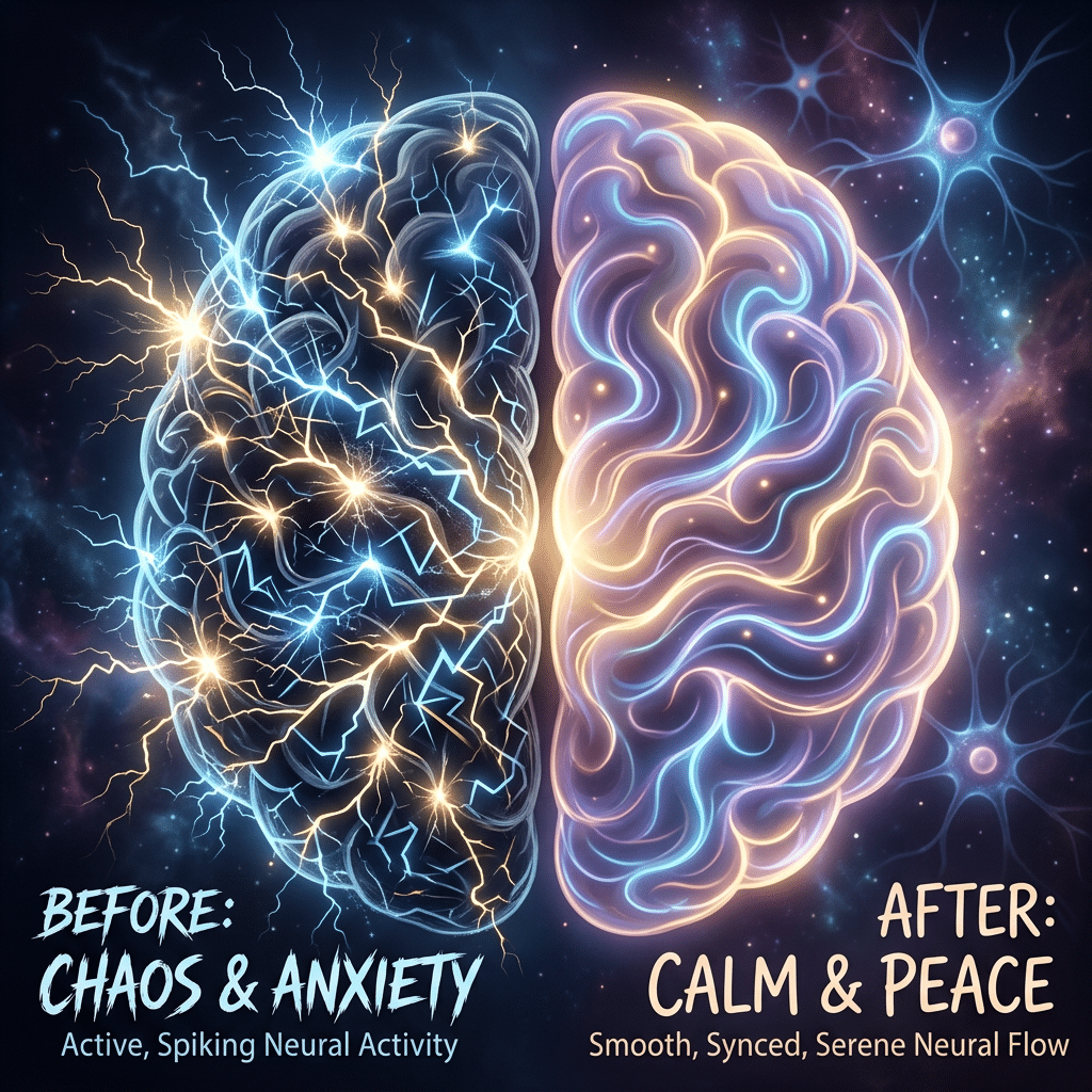 Illustration comparing brain neural activity, showing spiking chaotic signals before and smooth, serene flow after thadone addictive