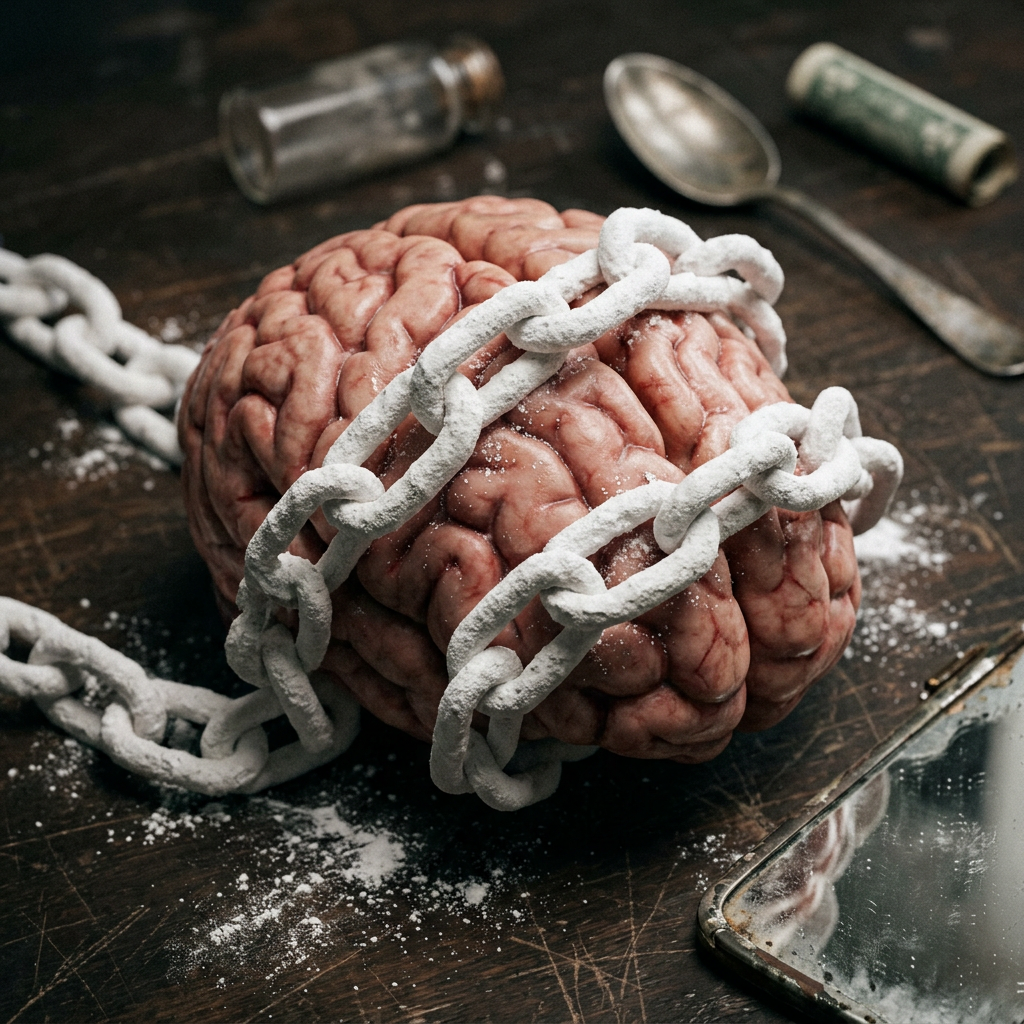 Human brain model wrapped tightly with white chains on a wooden surface