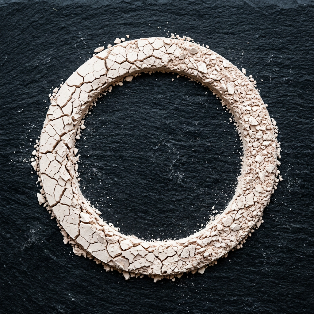 Cracked beige powder formed into a circular ring on black textured slate
