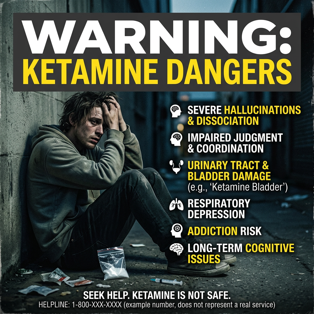 List of ketamine dangers including hallucinations, impaired judgment, bladder damage, respiratory depression, addiction, and cognitive issues Is Ketamine an opipiod?