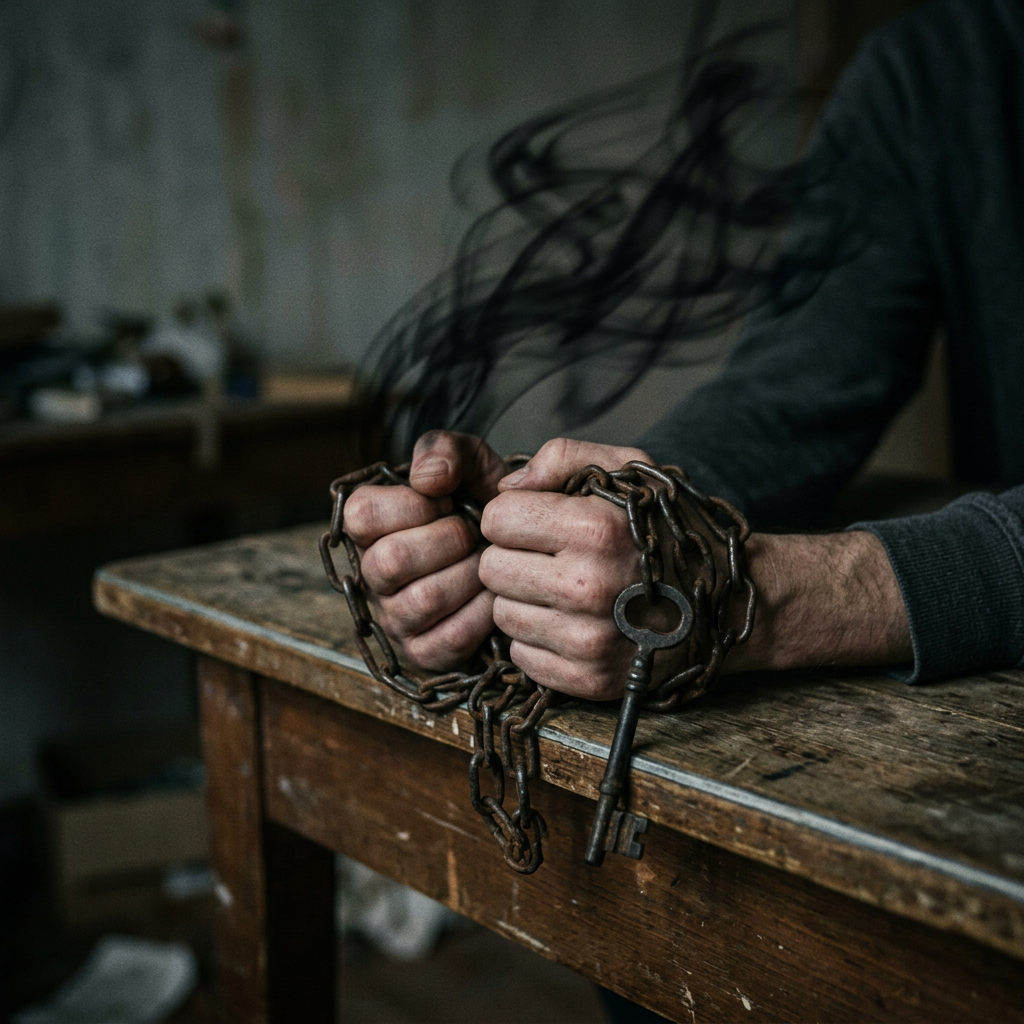 Two hands tightly wrapped in a rusty chain with a large key attached, resting on a wooden table What is the most adddictive drug