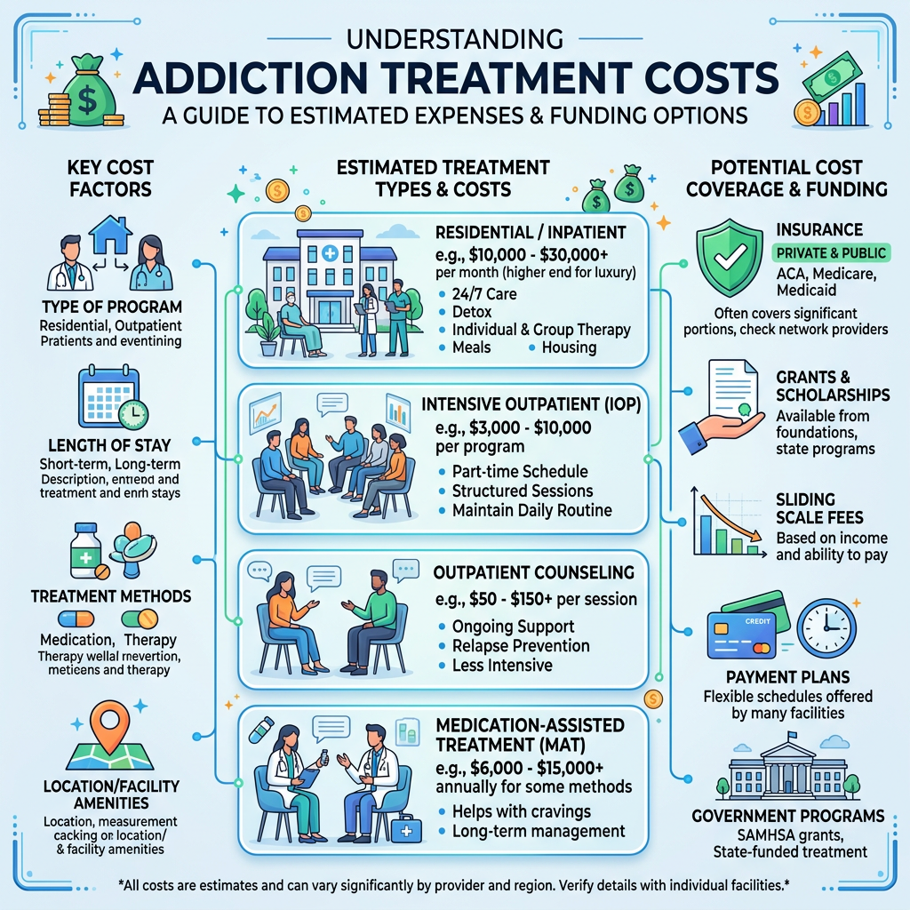 Infographic detailing addiction treatment costs and funding options including residential, outpatient, medication-assisted treatment, insurance, grants, and payment plans Drug and alcohol addiction Lincolnshire