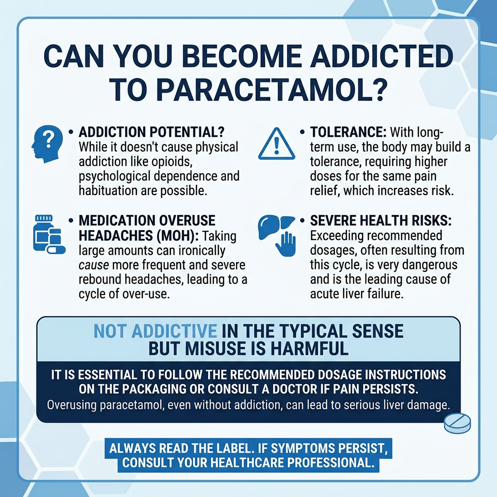 Information on paracetamol addiction potential, medication overuse headaches, tolerance, and severe health risks including liver failure. Can you become addicted to Paracetamol?