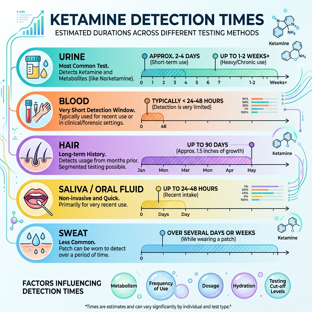 Estimated ketamine detection durations in urine, blood, hair, saliva, and sweat tests