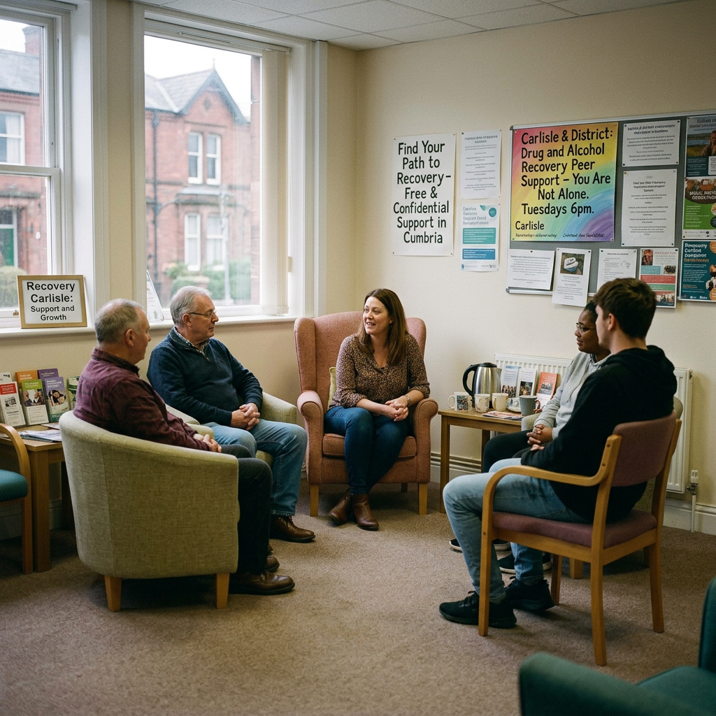 Five people seated in a circle during a drug and alcohol recovery support session indoors How much does rehab cost