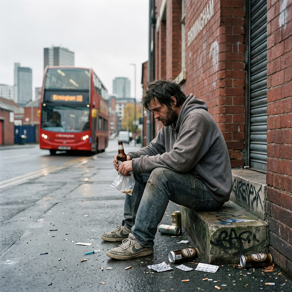 Man in worn clothes sitting on a step by a brick wall holding a bottle, surrounded by cans and cigarette butts. Alcohol addiction treatment