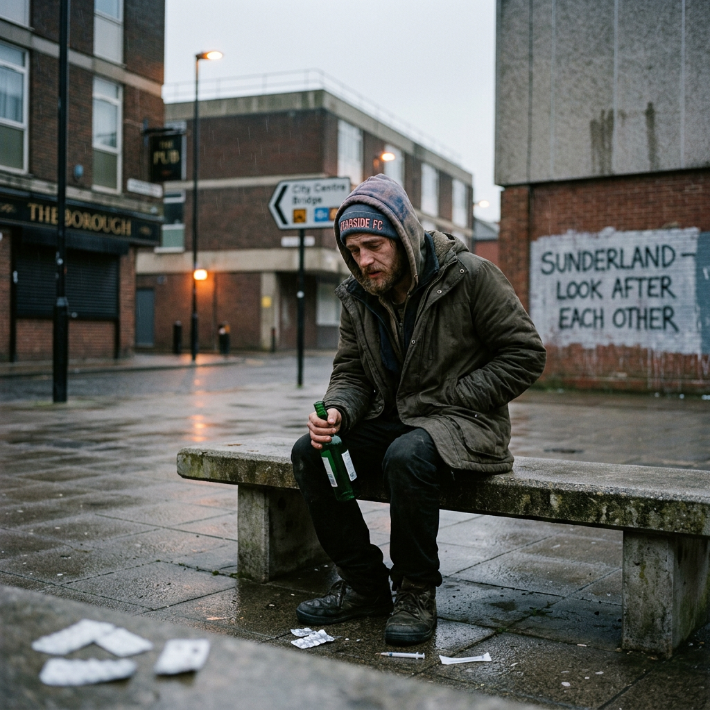 Man sitting on bench holding bottle with drug paraphernalia nearby and 'Sunderland Look After Each Other' graffiti . Find out about Find Me a Rehab