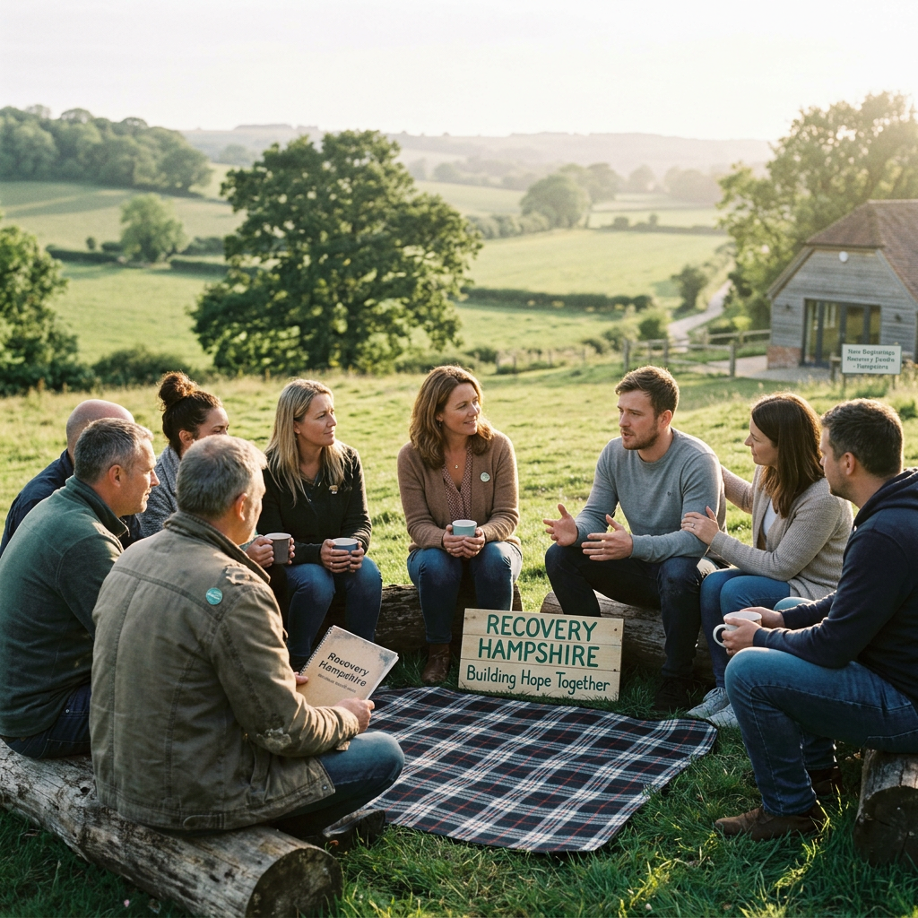 Group of people sitting in a circle outdoors with Recovery Hampshire sign. Cost of drug rehab