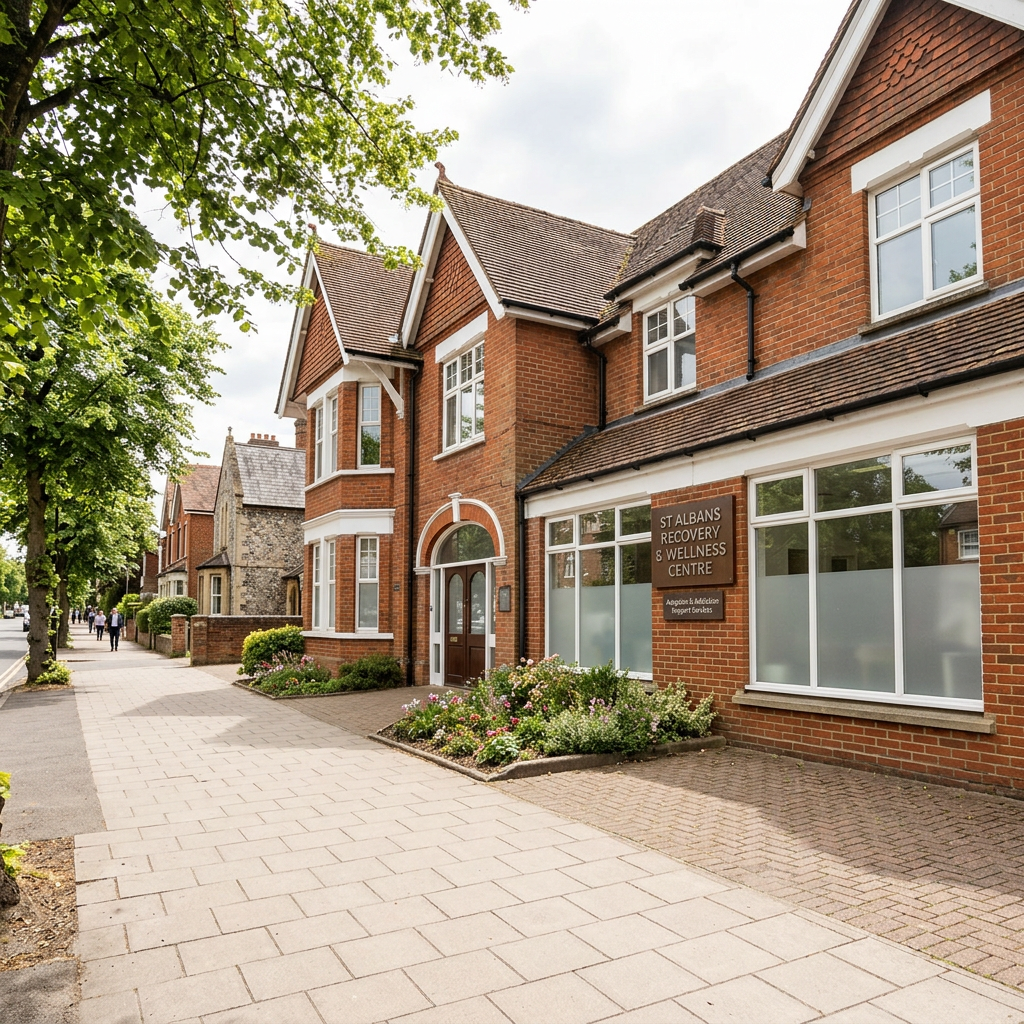 Brick building with sign reading 'St Albans Recovery & Wellness Centre' on a sidewalk with trees. Cost of private rehab UK