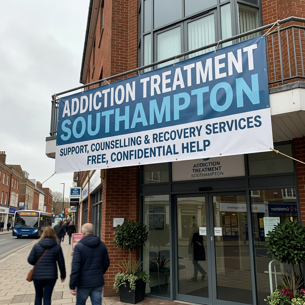 Banner reading Addiction Treatment Southampton Support, Counselling & Recovery Services Free, Confidential Help outside clinic entrance
