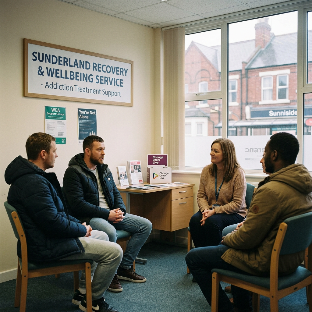 Four people seated in a circle in a support group meeting at Sunderland Recovery & Wellbeing Service. Cost of drug rehab