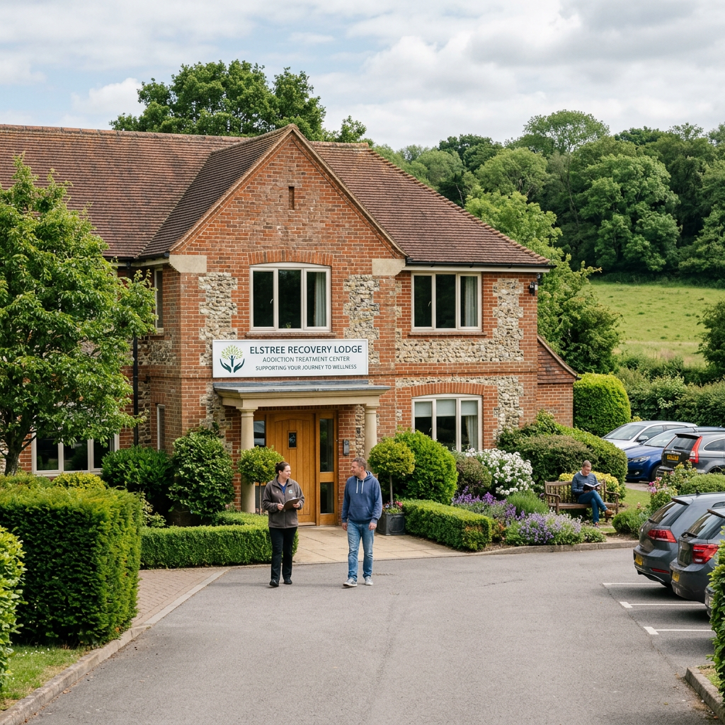 Exterior view of Elstree Recovery Lodge addiction treatment center with two people talking outside