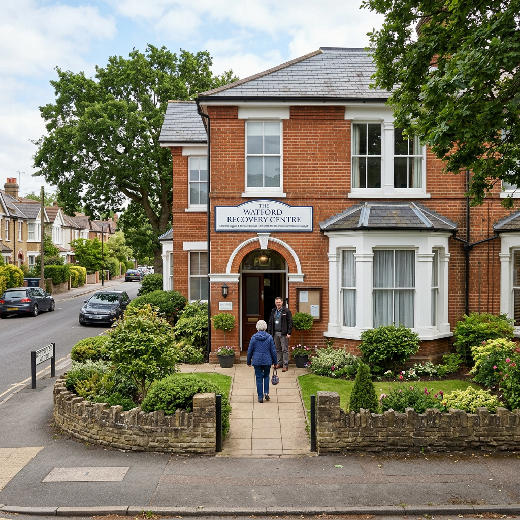 Front entrance of The Watford Recovery Centre with person walking towards staff member> Cost of alcohol detox UK