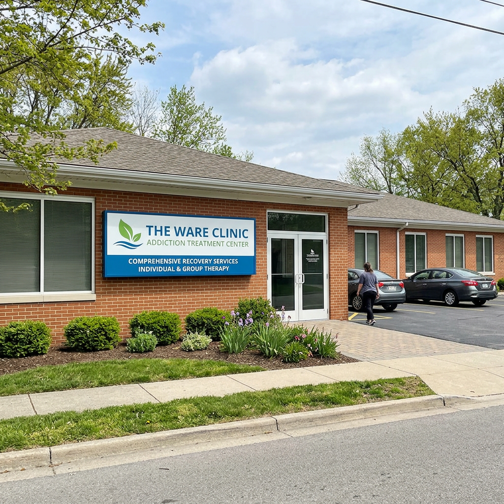 The Ware Clinic addiction treatment center building with sign and entrance