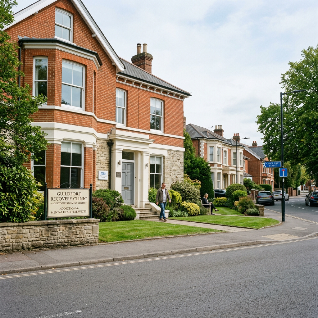 Brick building with a sign reading Guildford Recovery Clinic addiction treatment and mental health services