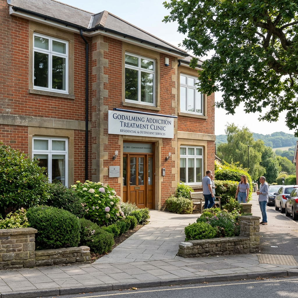 Building exterior of Godalming Addiction Treatment Clinic with people standing near entrance. Cost of home detox