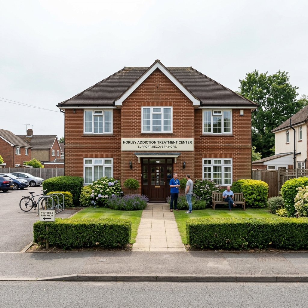 Brick building labeled Horley Addiction Treatment Center with people outside and a bicycle rack